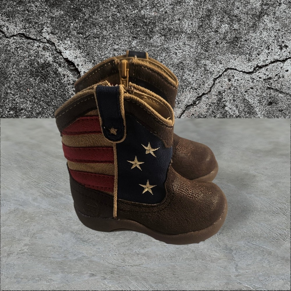 Roper Infants Size 4 American Flag Patriotic Cowboy Boots Brown Zip-Up